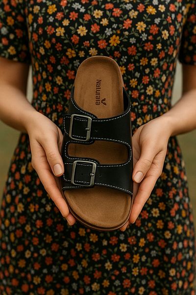 GEZER Black Women's Genuine Leather Orthopedic Buckle Slippers