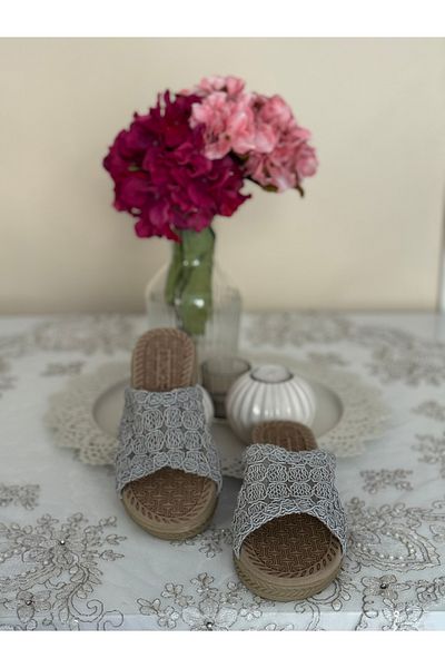 FivemodaSpor Women's Straw Slippers Closed Front Open Mesh Lace Knitwear Embroidery Detailed Stylish Summer Home Beach Vacation Slippers