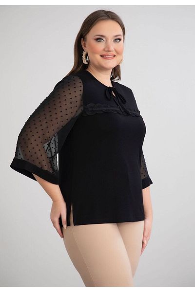 FOR ESRA BIG TREND Women's Large Size Sleeve Patterned Chiffon Front Ruffle Accessory Detail Collar Tie Flexible Viscose Blouse