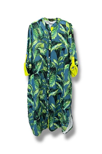 SUMEF Довга жіноча сукня з тропічним листяним візерунком - синя