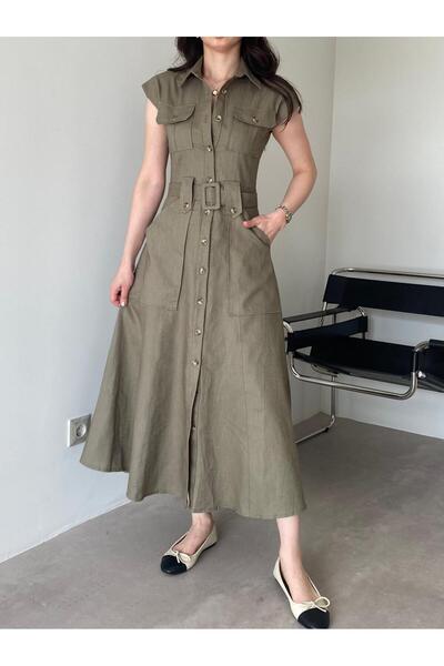 Bade Butik Haki Düğme Detaylı Kemerli Elbise