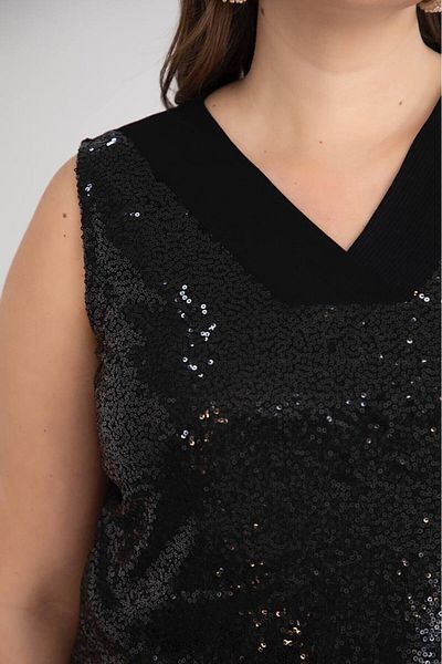 FOR ESRA BIG TREND Women's Plus Size Front Sequin Embroidery Rib V-Neck Back Solid Stretchy Sleeveless Slim Blouse