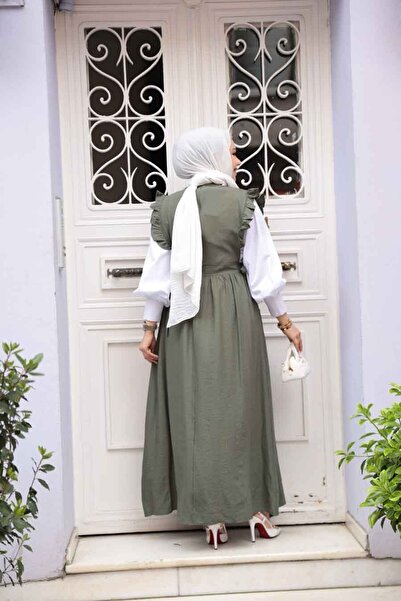 N.S NEVA STYLE Φόρεμα με βολάν Λεπτομερές Χακί Hijab Gilet 17051HK