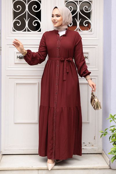 N.S NEVA STYLE Buttoned Dark Brick Hijab Dress 23929Kkrmt