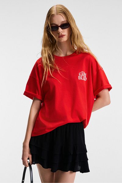 GRIMELANGE Feylora Women's 100% Cotton Oversize Fit Print Detailed Short Sleeve Crew Neck Red T-Shirt