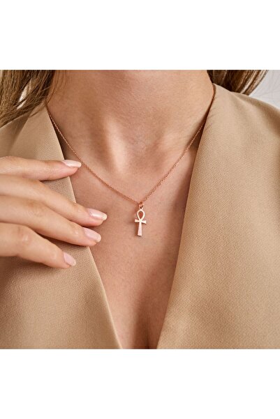 GOWA DESIGN 925 Ayar Gümüş Rose Altın Kaplama Nefertiti Ankh Kolye – Minimali...