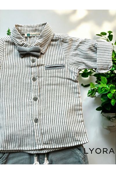 Cattac Kids 100% Cotton Boy's Suit – Green Striped Linen Shirt & Trousers with Bow Tie |   Daily & Holiday