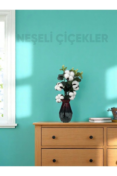 NEŞELİ ÇİÇEKLER Doğal Pamuk Dalı & Okaliptus Gri Cam Vazolu Dekoratif Çiçek Masa Üstü Süs 5’li Kuru - Yapay Çiçek
