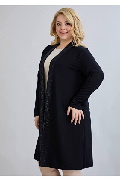 FOR ESRA BIG TREND Women's Plus Size Front Bright Stripe Front Open Stretchy Long Viscose Cardigan