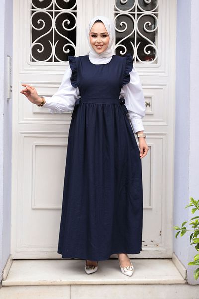 N.S NEVA STYLE Βολάν Λεπτομερές Navy Blue Hijab Gilet Φόρεμα 17051L