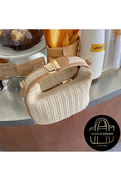YAĞIZSEVİM Wicker&Bohemian Women's Summer Bohemian Rattan Wicker Paper Rope Design Shoulder and Hand Bag