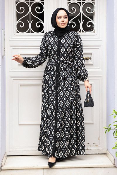 N.S NEVA STYLE Μαύρο Φόρεμα Hijab με σχέδιο 23924S