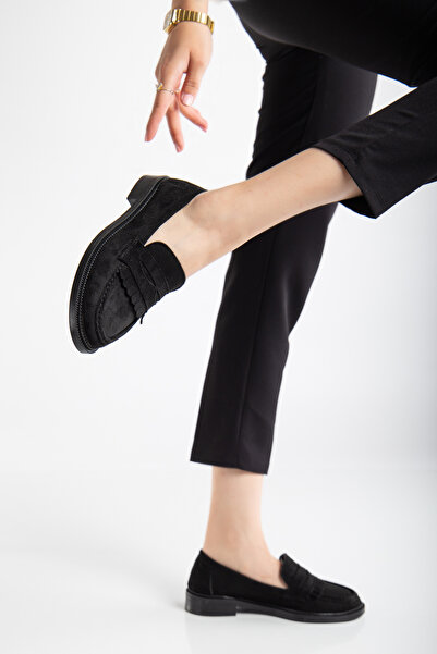 Entella Store Kadın Loafer Püsküllü Siyah Süet Günlük Ayakkabı