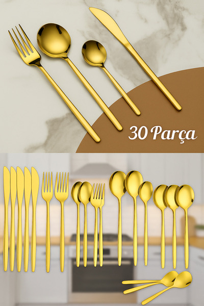 keyfisepet en keyifli sepet Altın Renk 30 Parça Paslanmaz Çelik Çatal Bıçak T...