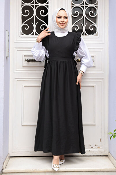 N.S NEVA STYLE Ruffle Detailed Black Hijab Gilet Dress 17051S