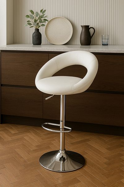 MARIA HOMES Modern Adjustable White Bar Stool With Chrome Base And Footrest – Sleek Seating For Home Or Bar Use