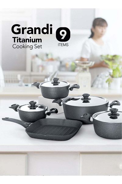 GRANDİ Grandi Pots And Pans Cookware Set With Non-Stick Surfaces, Titanium 9-Piece Set - grey