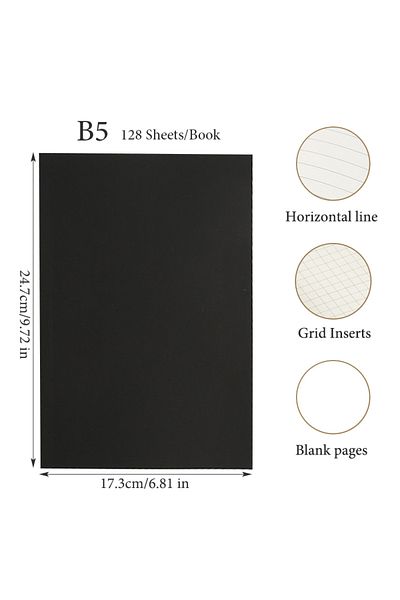 Choice Blank pages B5 Black Cover A5/B5 Notebook,128 Sheets/256 Pages/Book,Blank,Horizontal Line and Grid P