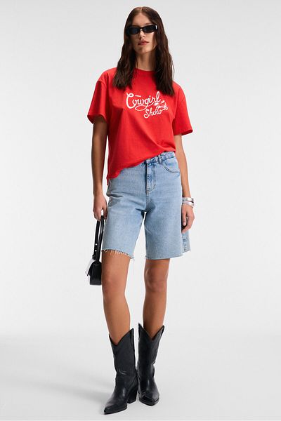 GRIMELANGE Rivela Women's 100% Cotton Regular Fit Printed Crew Neck Short Sleeve Red T-Shirt