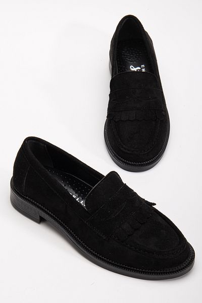 Entella Store Women's Loafer Tasseled Black Suede Casual Shoes