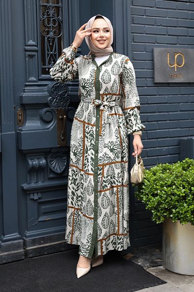 N.S NEVA STYLE Χακί Φόρεμα Hijab με σχέδιο 23928HK