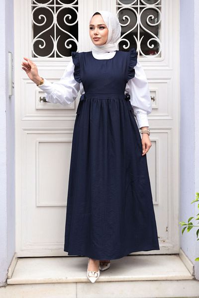 N.S NEVA STYLE Βολάν Λεπτομερές Navy Blue Hijab Gilet Φόρεμα 17051L