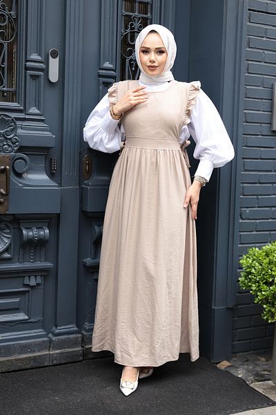 N.S NEVA STYLE Βολάν Λεπτομερές Σκούρο Μπεζ Φόρεμα Hijab Gilet 17051KBEJ