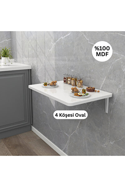 Kydonia Home 70x45 Cm Oval Köşeli Parlak Beyaz Mdf Oval Köşeli Kırma Katlanır Duvara Monte Yemek Masası