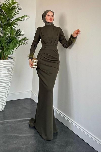 MERVEN AKYÜZ Estella Tailed Fish Evening Dress Khaki
