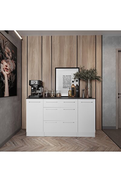 Tdesigno Hula Mutfak 2 Kapaklı-3 Çekmeceli Alt Modül -200 cm - Çok Amaçlı Dolap -Beyaz-Tezgah Dahil