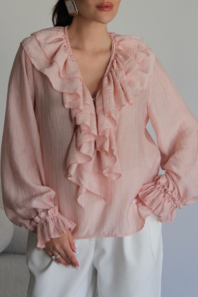 Askı Nişantaşı Powder Pink V-Neck Ruffle Detailed Shirt