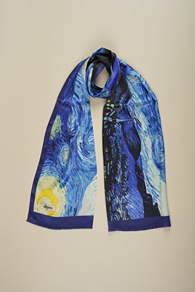 silqoora وشاح شال حرير 100% (45x165 سم)-فنسنت فان جوخ (ليلة مرصعة بالنجوم ساكس أزرق)