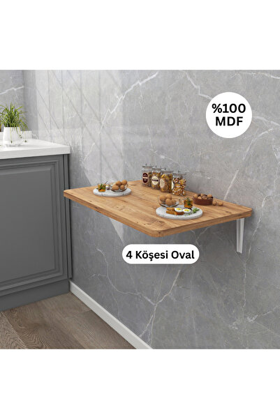 Kydonia Home 45x72 Cm Oval Köşeli Duvara Monte Çam Ahşap Desenli Mdf Lam Kırma Oval Köşeli Katlanır Masa