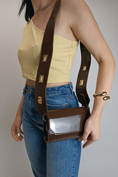 Glemix Ketty Kahve Rugan Kutu Formlu Kadın Omuz Çantası