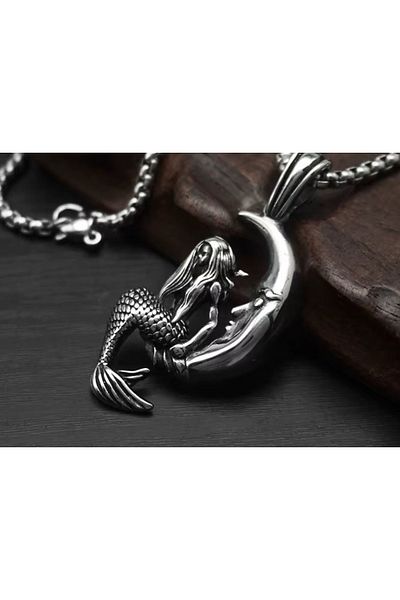 voyageaccessory Stainless Steel Moon and Mermaid Themed Necklace /Moon Mermaid Necklace /With 60cm Chain