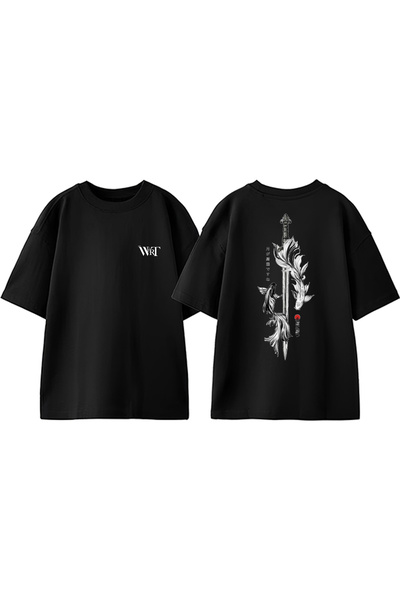 THEWERT Samurai Sword and Fishes Design Back Printed Cotton Black Oversize T-...