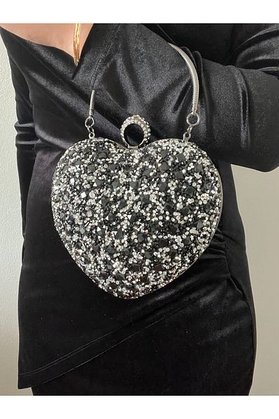 Baykuş Boutique Heart Evening Dress Bag Women's Crystal Stone Hand and Shoulder Strap Evening Dress Bag