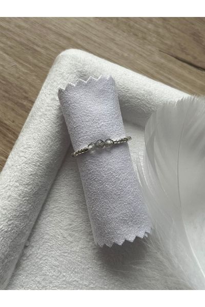 Pel Design Minimal Facet Labradorite Stone Elastic Silver Ring