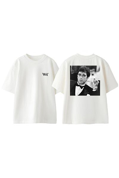 THEWERT Tricou oversize alb din bumbac cu imprimeu pe spate Tony Montana