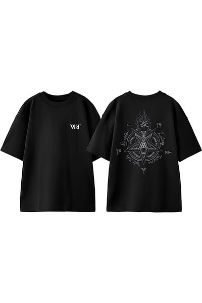 THEWERT Tricou negru oversize din bumbac cu imprimeu pe spate Devil Geschichten