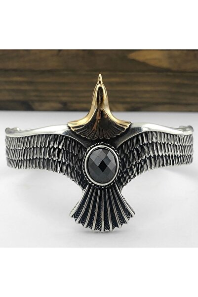 Moda Gümüş 925 Ayar Gümüş Ayarlanabilir Siyah Taşlı Kartal Erkek Kelepçe Bile...