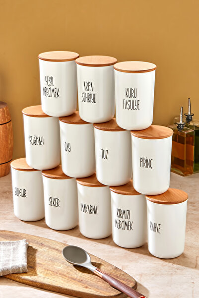 MODA OZY 12'li 900ml Akrilik (PLASTİK) Kavanoz Ahşap Vakum Kapaklı Şeffaf Eti...