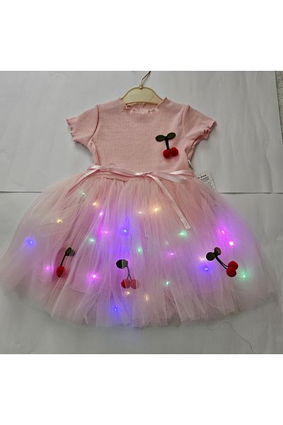 Beryka Led Lighted Cherry Patterned Pink Tutu Girl's Dress – Princess Model, Lined