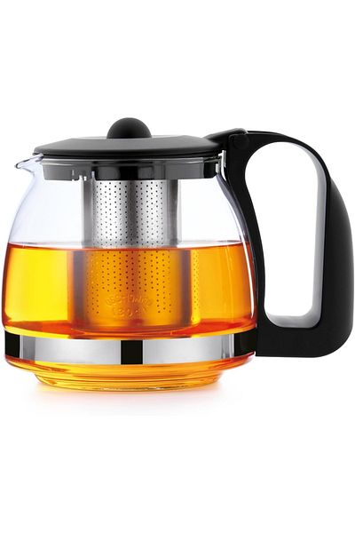 ABYZ ™ Teapot With Infuser, 1250ml, Glass And Black Plastic, Ideal For Aromatic Teas And Infusions