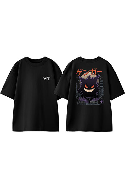 THEWERT Tricou negru oversize din bumbac imprimat pe spate Pokemon Gengar Design