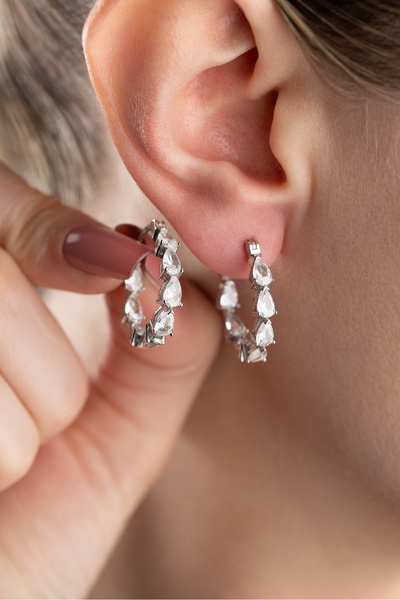 Silvano Jewelry 925 Ayar Gümüş Taşlı Halka Taşlı Küpe