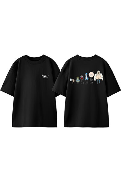 THEWERT Regular Show Cast Tasarım Sırt Baskılı Pamuk Siyah Oversize T-shirt