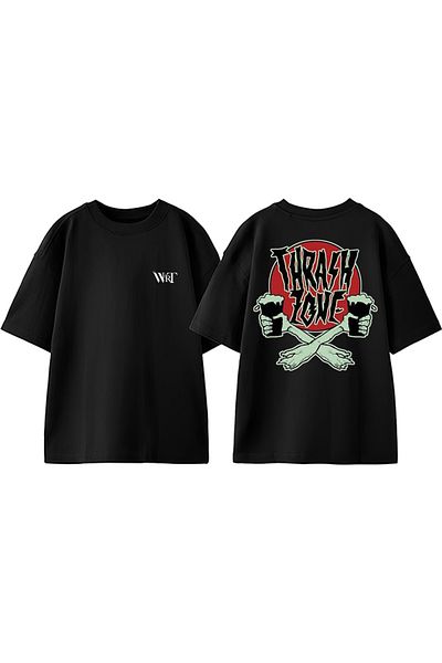 THEWERT Tricou oversize negru din bumbac cu imprimeu pe spate Thrash Love Design