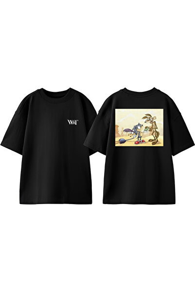 THEWERT تي شيرت سونيك للتأجير بتصميم خلفي مطبوع من القطن باللون الأسود مقاس كبير