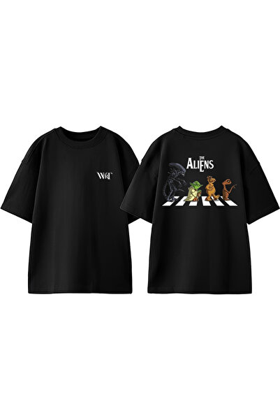 THEWERT The Aliens Design Back Printed Βαμβακερό μαύρο μπλουζάκι Oversize